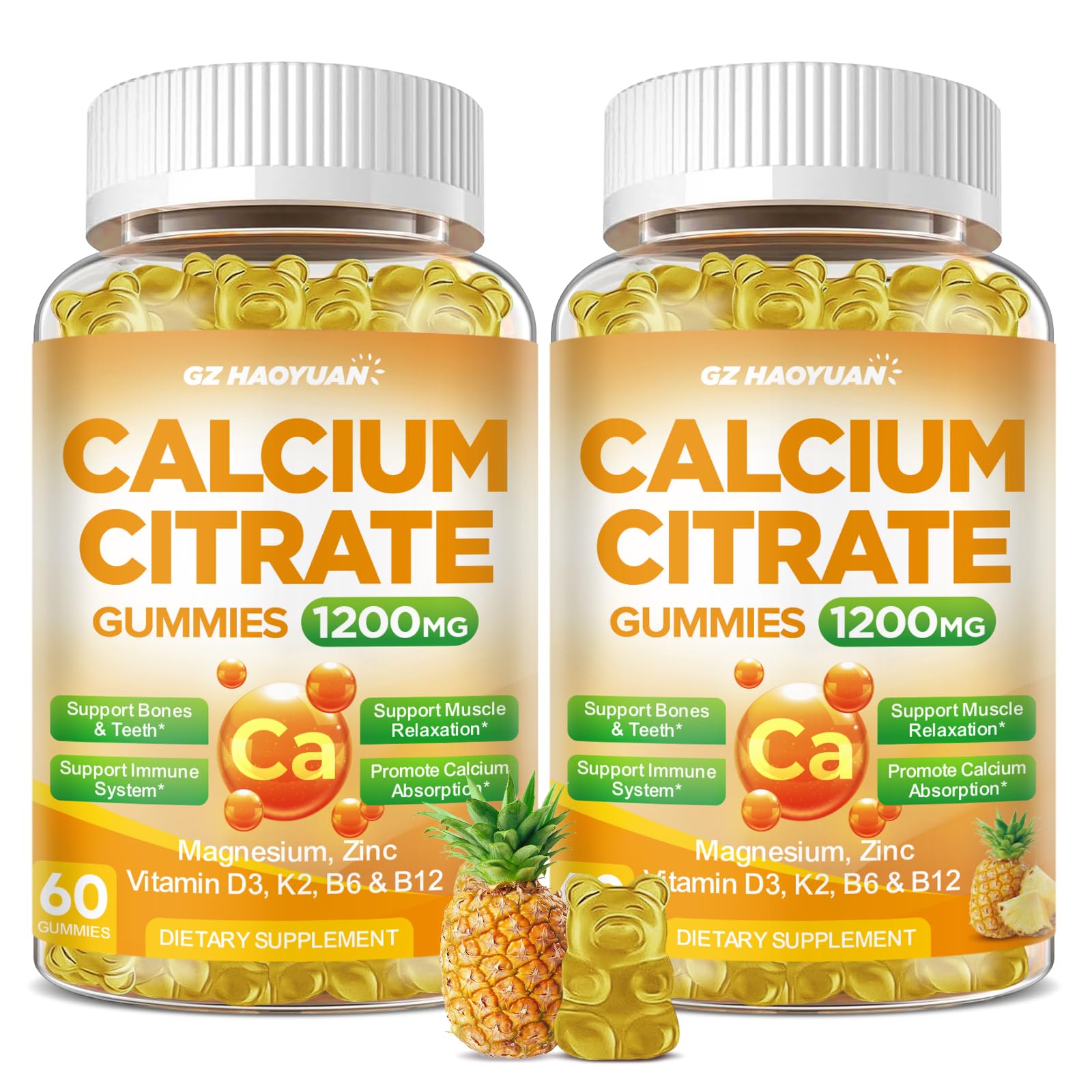 GZ HAOYUAN calcium citrate gummy bottle showcases pineapple flavor for daily bone support.