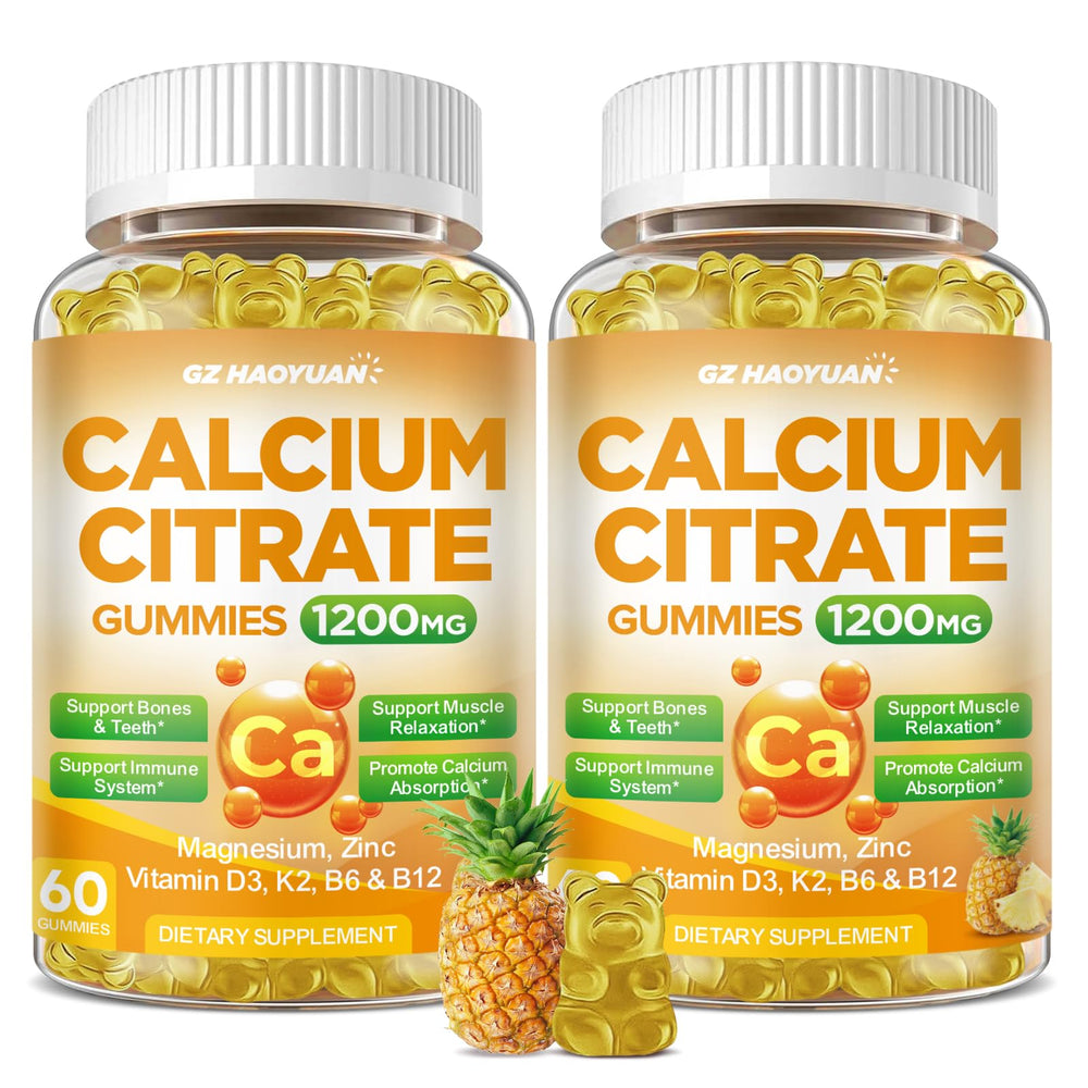 GZ HAOYUAN calcium citrate gummy bottle showcases pineapple flavor for daily bone support.