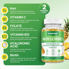 GZ HAOYUAN iron gummies close-up label shows vitamins and beetroot, nutrition at a glance.