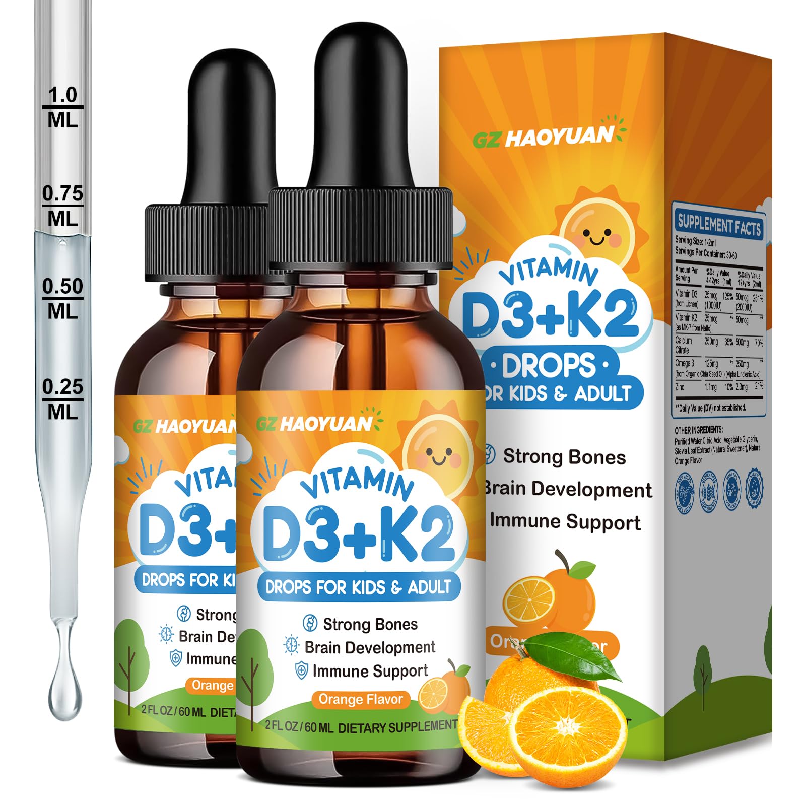 GZ HaoYuan vitamin d3 k2 drops for kids bottle promoting bone health