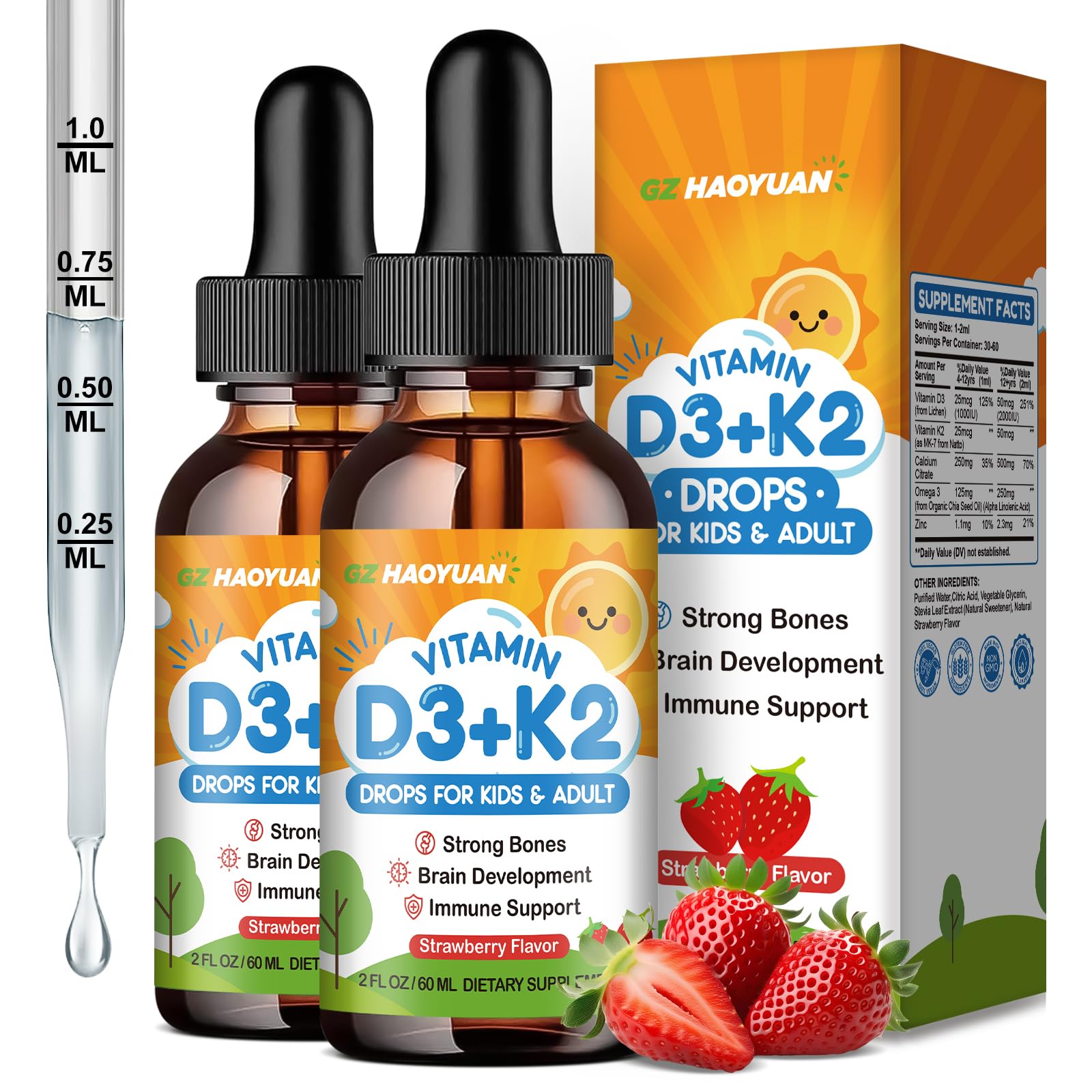 GZ HAOYUAN Vitamin D3 K2 Drops bottle for kids supports healthy bones.