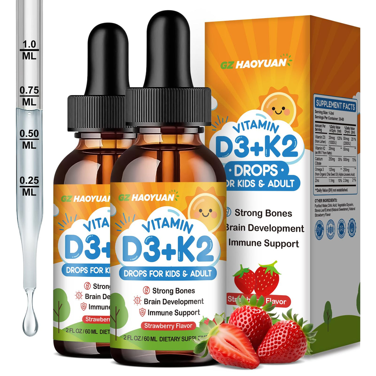 GZ HAOYUAN Vitamin D3 K2 Drops bottle for kids supports healthy bones.