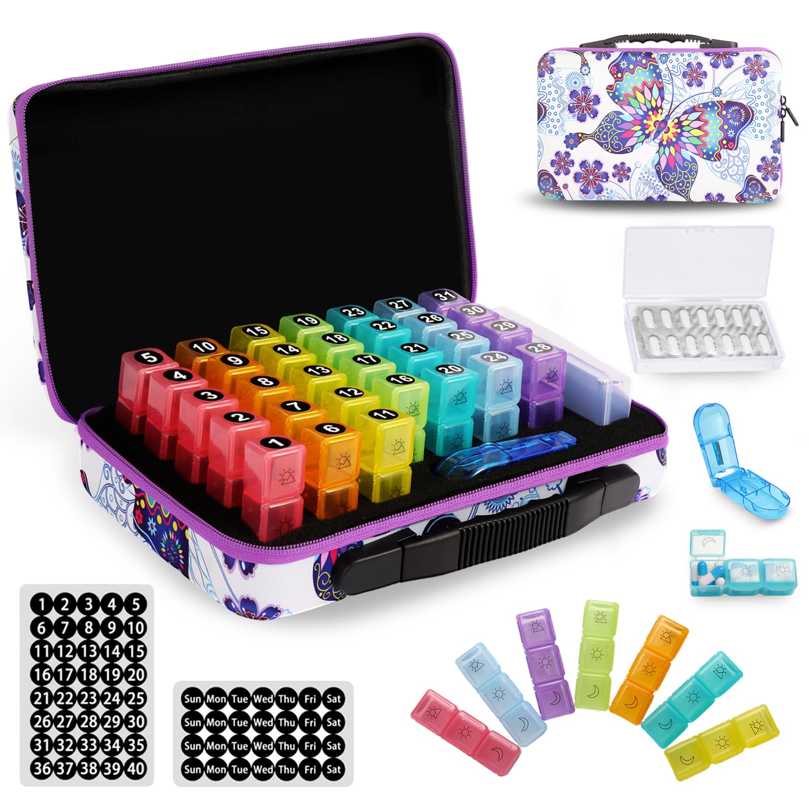 GZWENHAN 31-day medication box front view showing rainbow compartments for easy dosing.