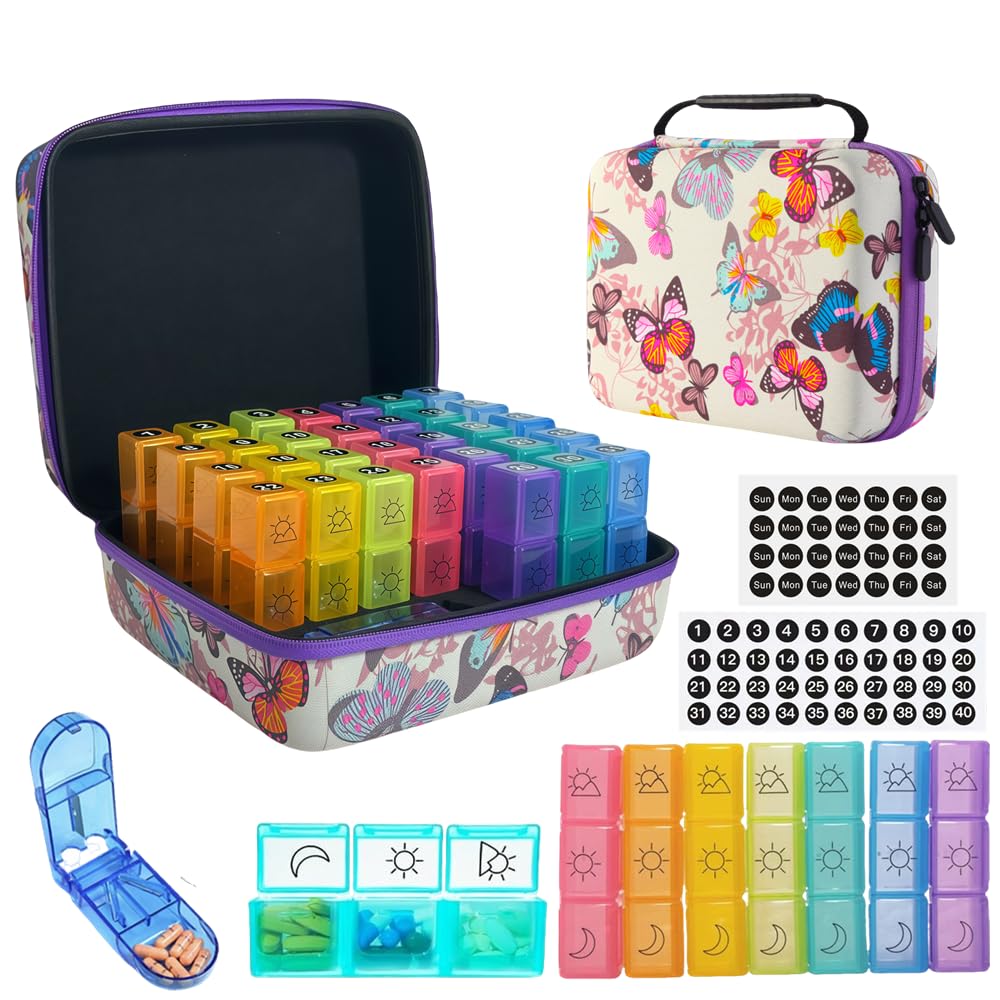 GZWENHAN monthly pill organizer with butterfly case for secure travel and daily dosing