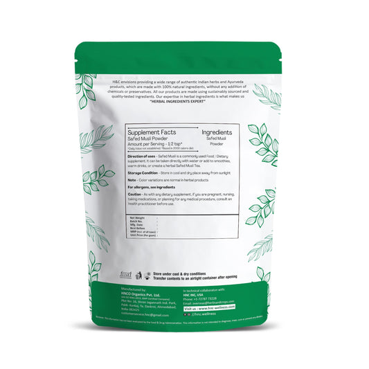 H and C Safed Musli powder close up shows fine texture ideal for smooth mixing