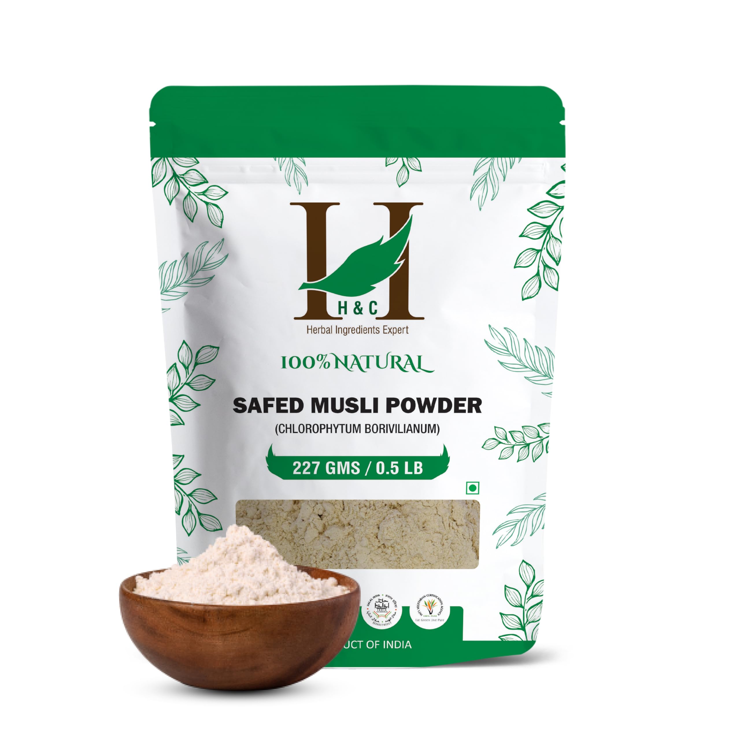 H and C Safed Musli powder packaging with clear label, ideal for daily use