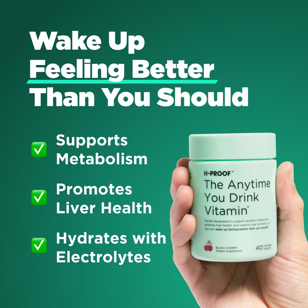 H-PROOF The Anytime You Drink Vitamin bottle close-up shows vegan formula