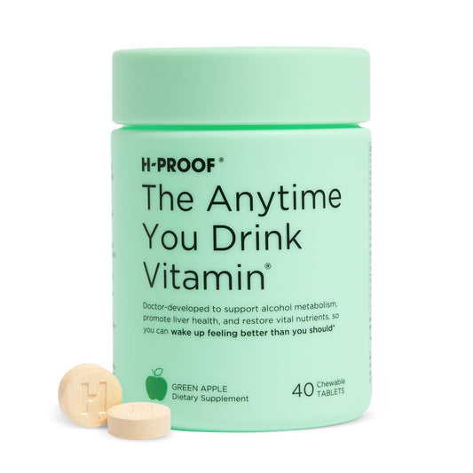 H-PROOF Anytime Drink vitamin tablets in bottle offering post-drink metabolism support