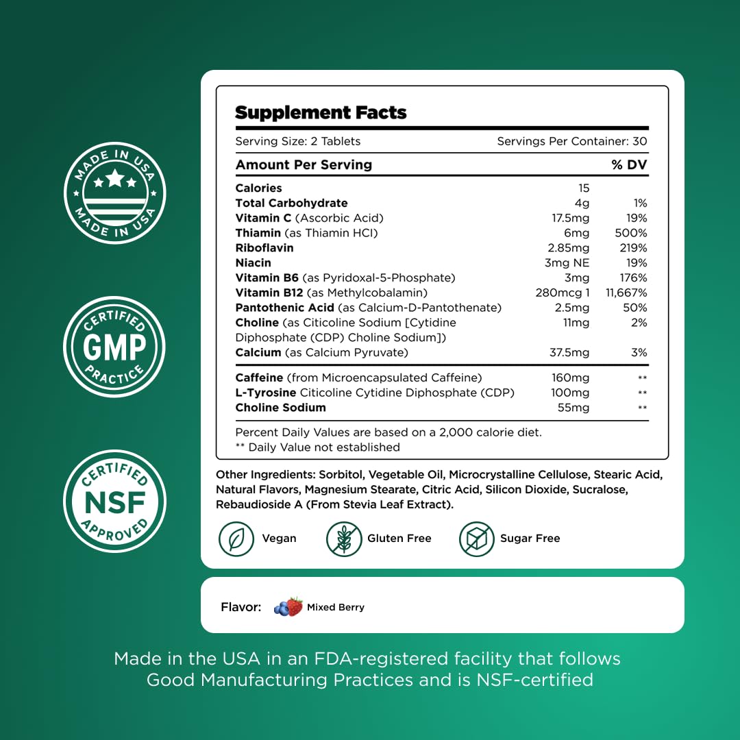 H-PROOF Anytime Energy chews ingredient panel emphasizes B vitamins and L-tyrosine
