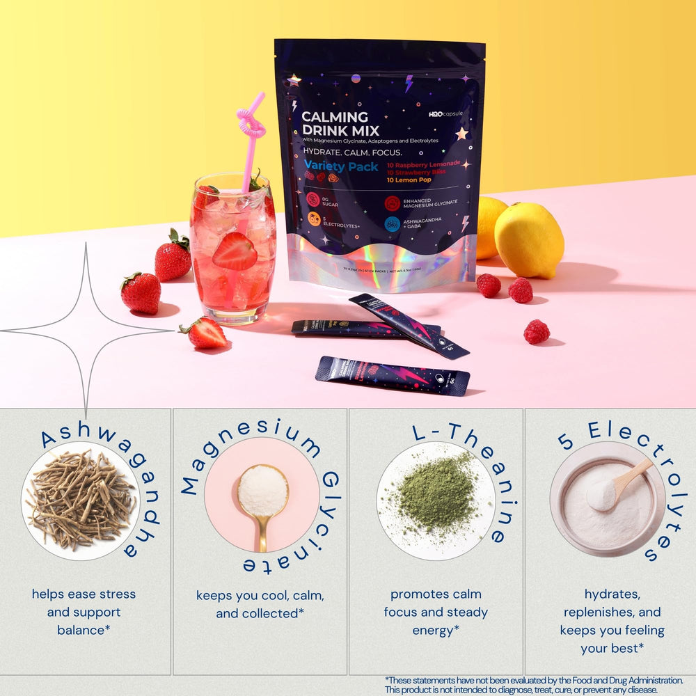 H2O Capsule Calm five-electrolyte blend supports rapid hydration during activity.