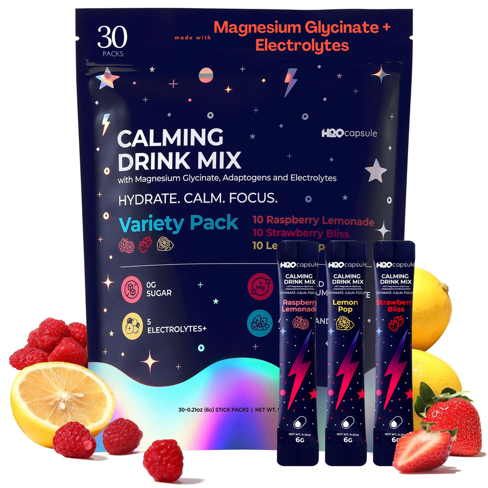 H2O Capsule Calm magnesium powder tub shown for daily hydration and calm support.