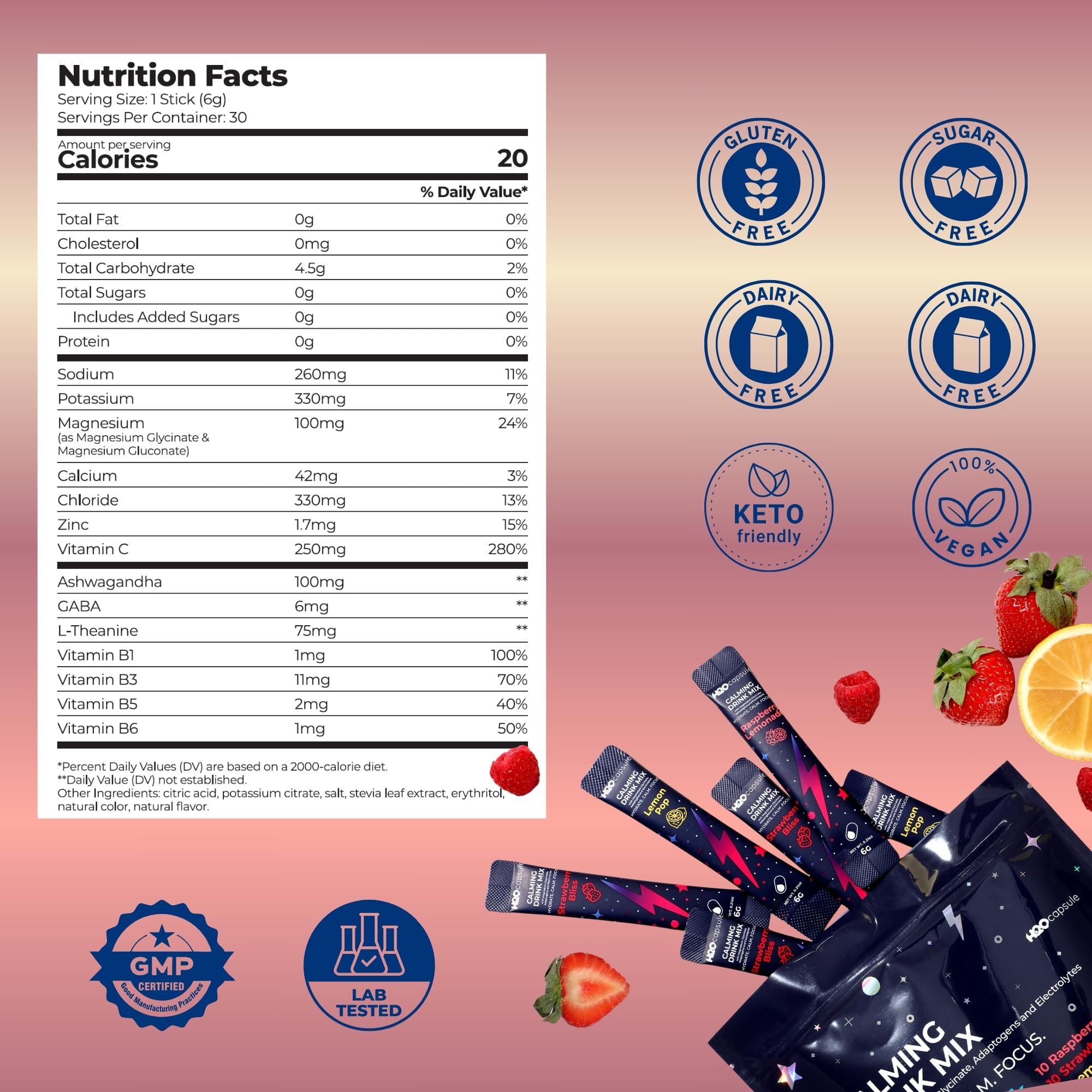 H2O Capsule Calm sugar-free formula provides hydration without sugar spikes.
