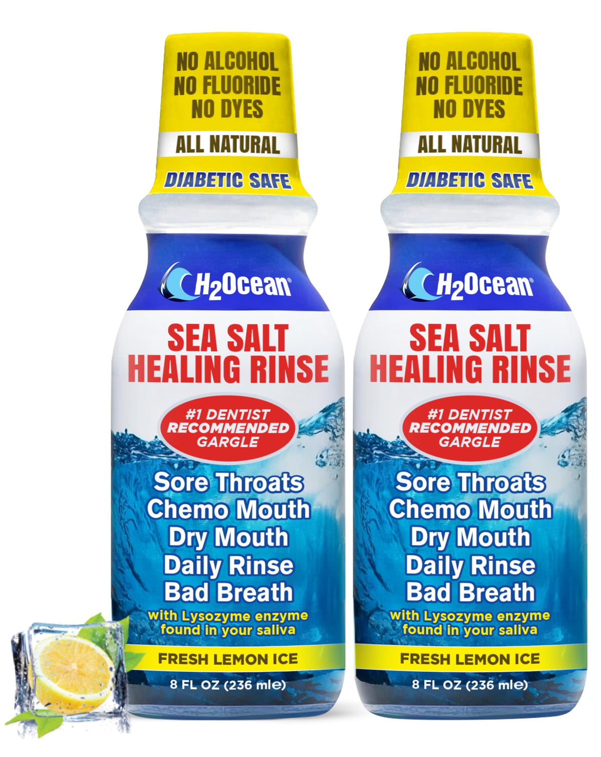 H2Ocean Healing Rinse Lemon Ice bottle front offering refreshment and alcohol-free care
