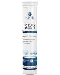 H2Vida hydrogen water tablets bottle close-up for clean hydration on the go.
