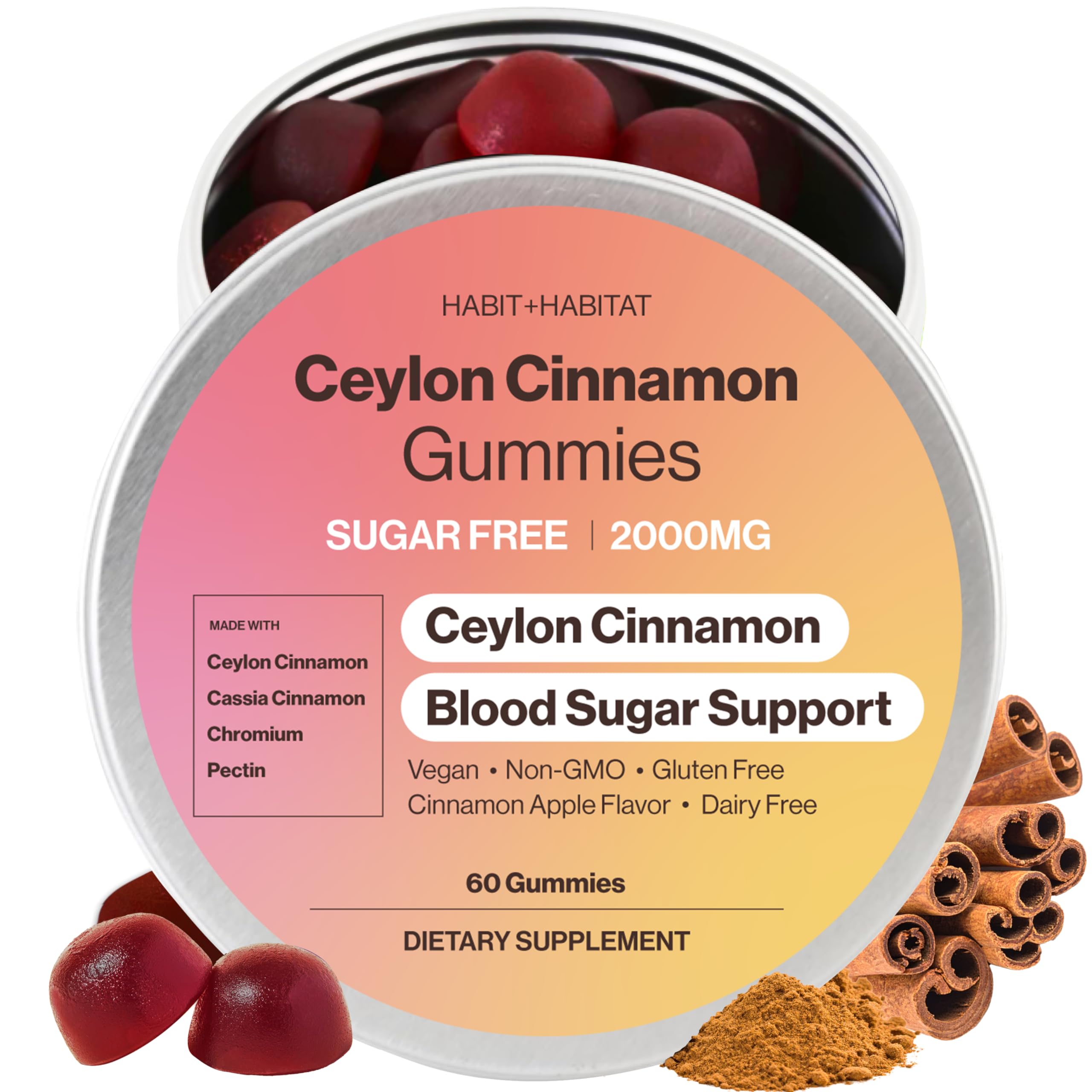 Habit + Habitat Ceylon Cinnamon Gummies in recyclable tin packaging for on-the-go wellness
