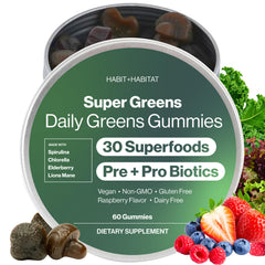 Habit + Habitat Daily Greens Plus Gummies bottle on kitchen counter for daily energy support.