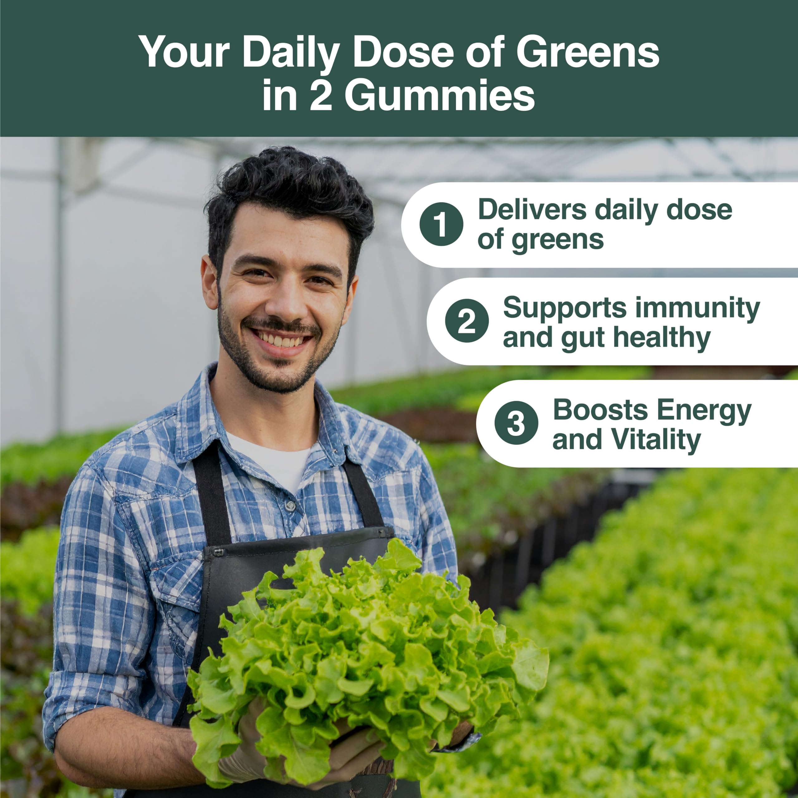 Ingredient layout with chlorella and spirulina for Habit + Habitat Daily Greens Plus Gummies.