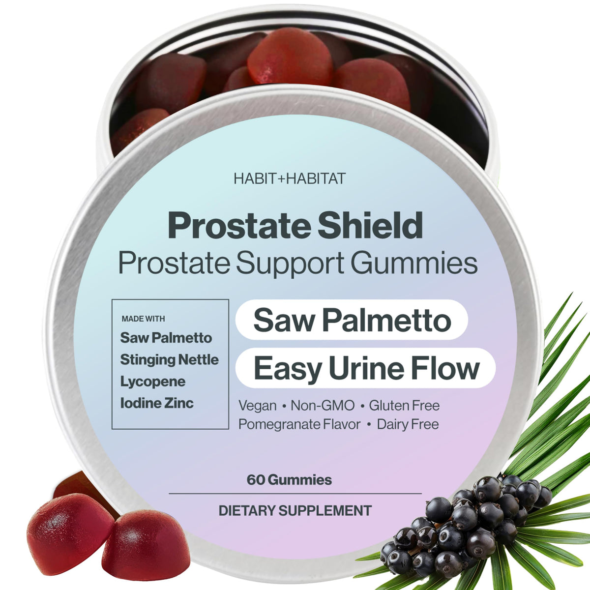 Habit + Habitat Prostate Shield Gummies jar close-up highlights vegan formula.