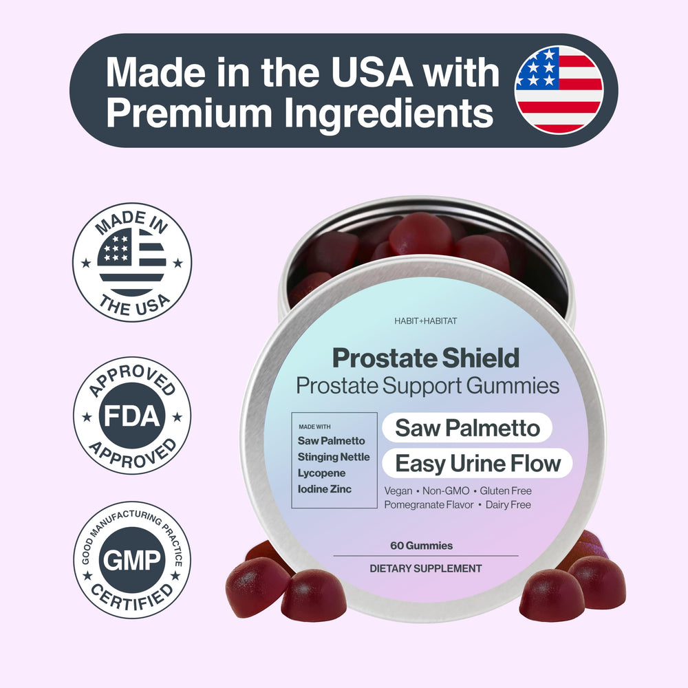 Habit + Habitat Prostate Shield Gummies packaging indicates USA-made GMP-certified quality.