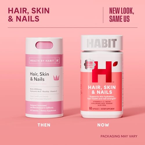 H' Habit Habit Hair Skin Nails capsules close-up emphasizing biotin and hyaluronic blend