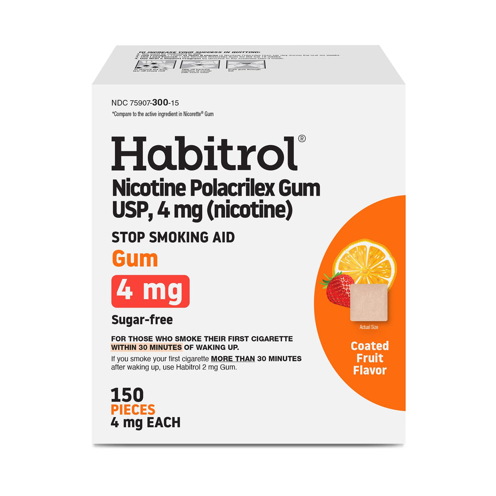 Habitrol 4 mg fruit flavor gum in a 150-count pack for on-the-go cravings.