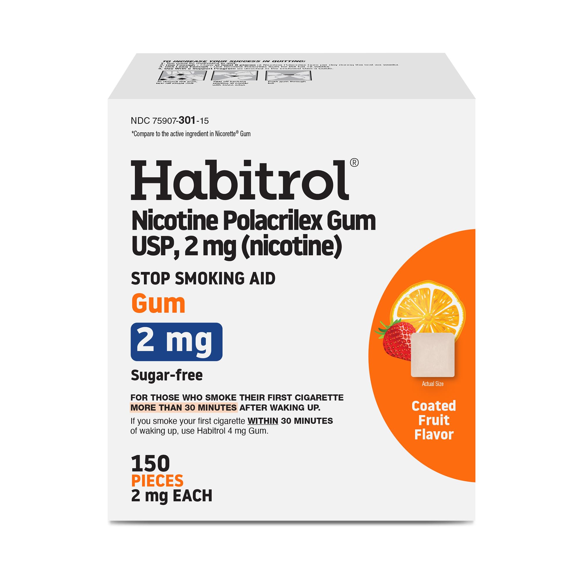 Habitrol nicotine gum fruit flavor 150-count pack helps curb cravings.