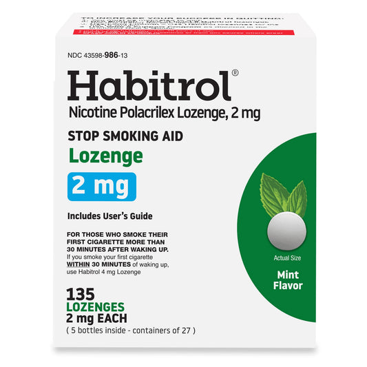Habitrol mint lozenges pack shot showing a 135-count box for cravings support.