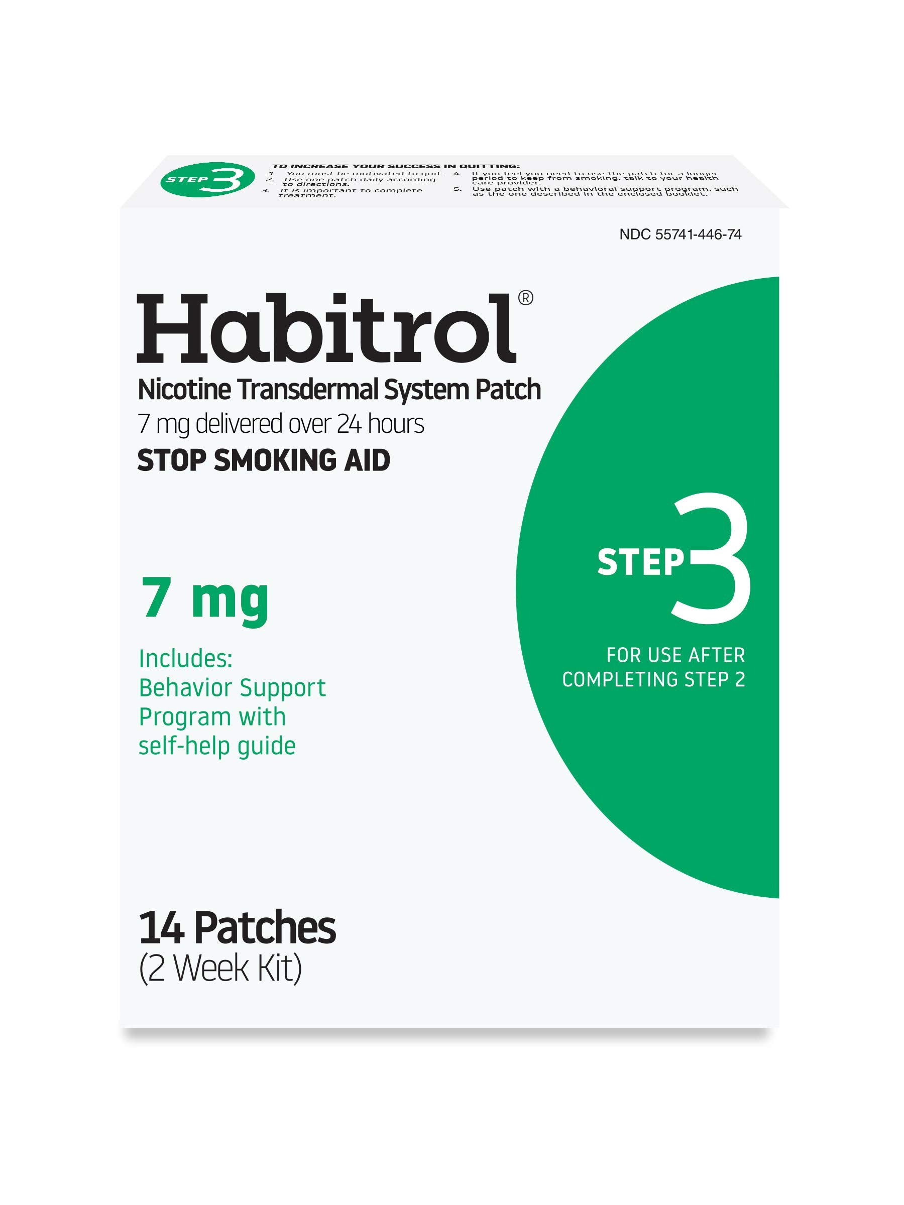 Habitrol Step 3 patch box image shows daily nicotine relief with a 7 mg dose.