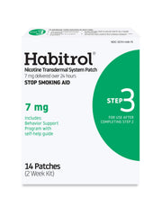Habitrol Step 3 patch box image shows daily nicotine relief with a 7 mg dose.