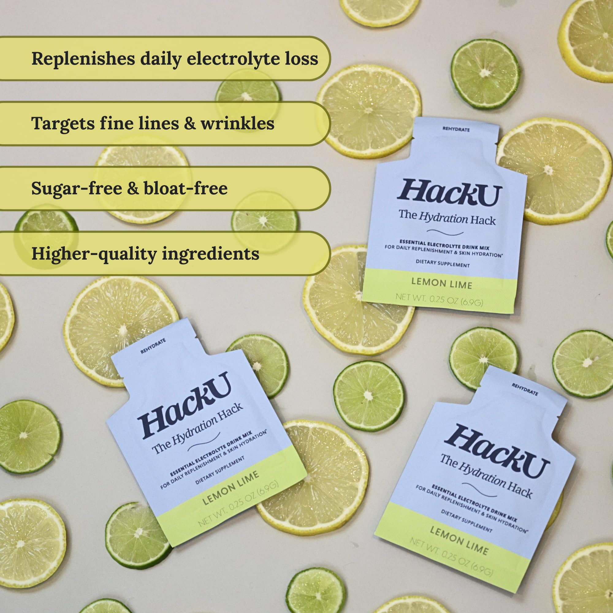 HackU single-serve packet opened for on-the-go hydration.