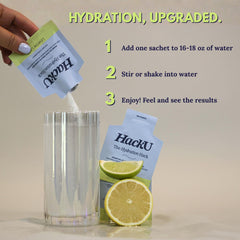 Close-up of HackU label on electrolyte packet highlighting clean, sugar-free formula.