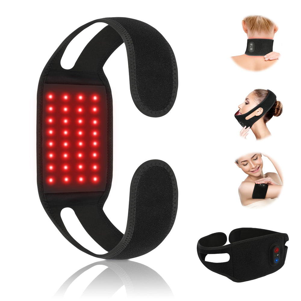 Haeglauv red-light therapy belt on neck with 850nm LEDs for deep tissue reach.