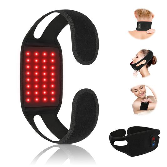 Haeglauv red-light therapy belt on neck with 850nm LEDs for deep tissue reach.