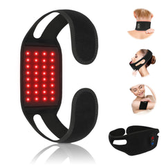 Haeglauv red-light therapy belt on neck with 850nm LEDs for deep tissue reach.