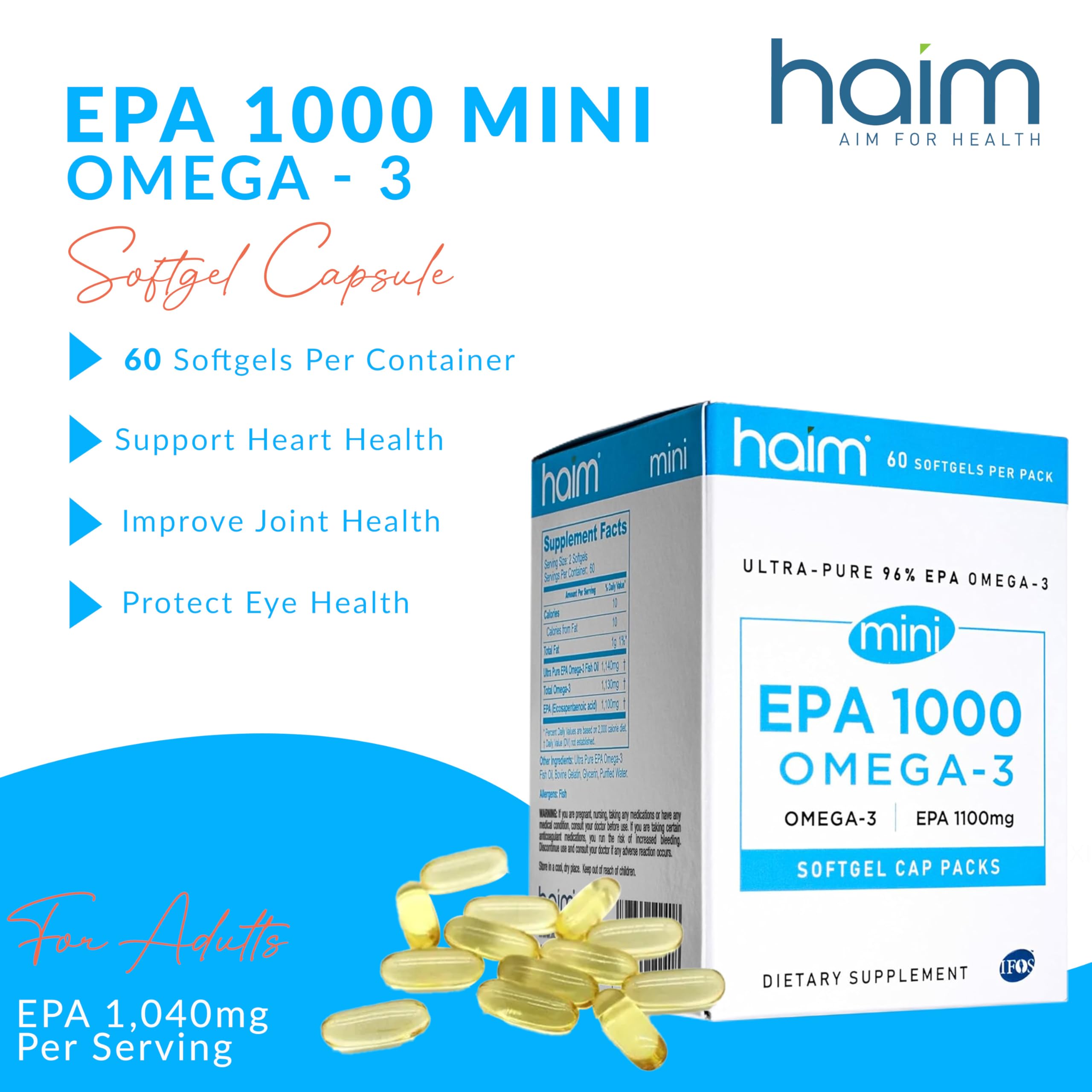 HAIM EPA1000 MINI softgels closeup highlights burpless, small capsules for comfortable swallowing.