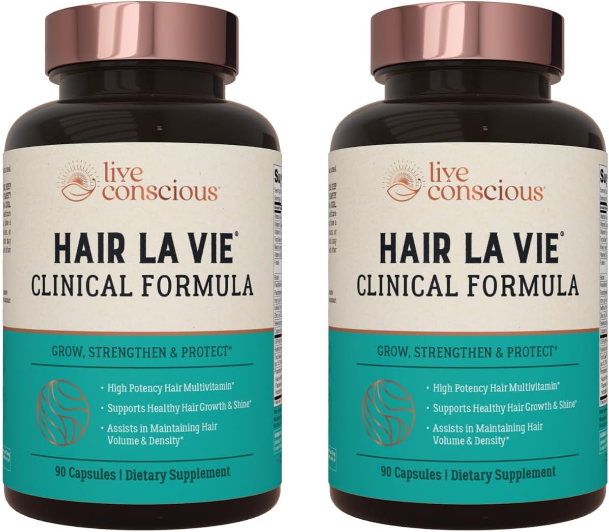 Hair La Vie Live Conscious Clinical Formula bottle pour highlighting easy daily dosing for hair support