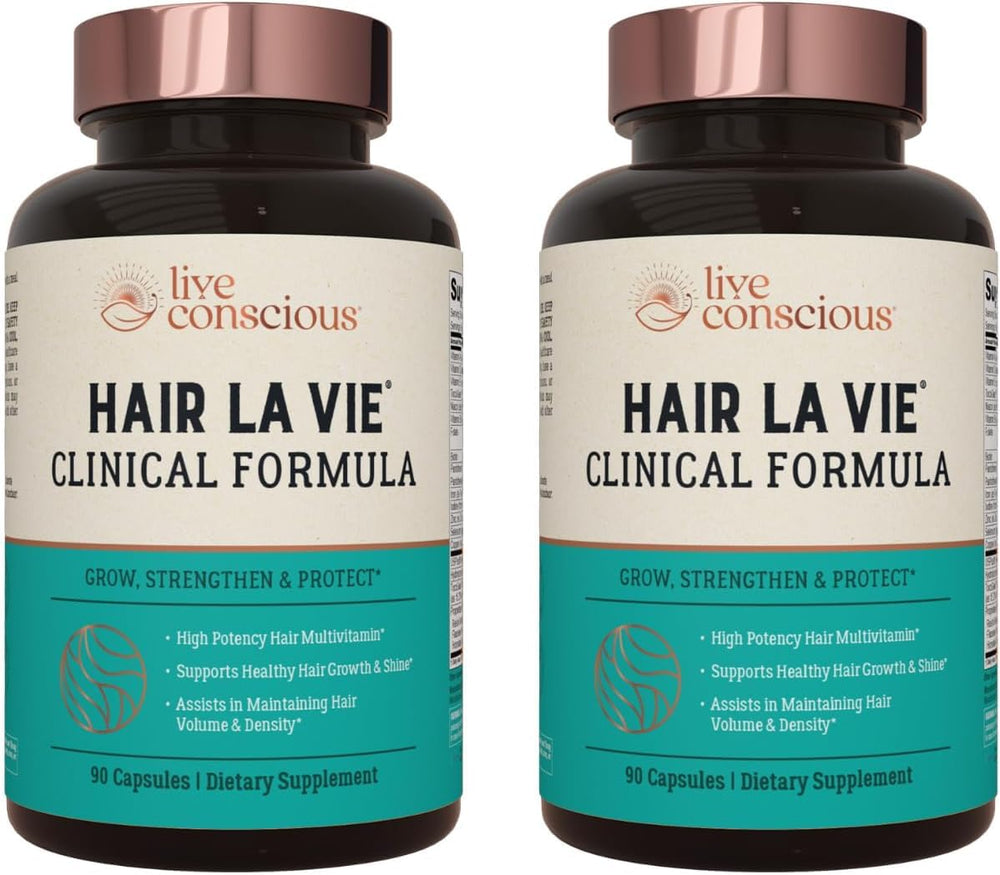 Hair La Vie Live Conscious Clinical Formula bottle pour highlighting easy daily dosing for hair support