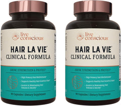 Hair La Vie Live Conscious Clinical Formula bottle pour highlighting easy daily dosing for hair support