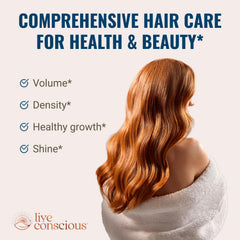 Hair La Vie Live Conscious Clinical Formula capsules close-up highlighting biotin and saw palmetto