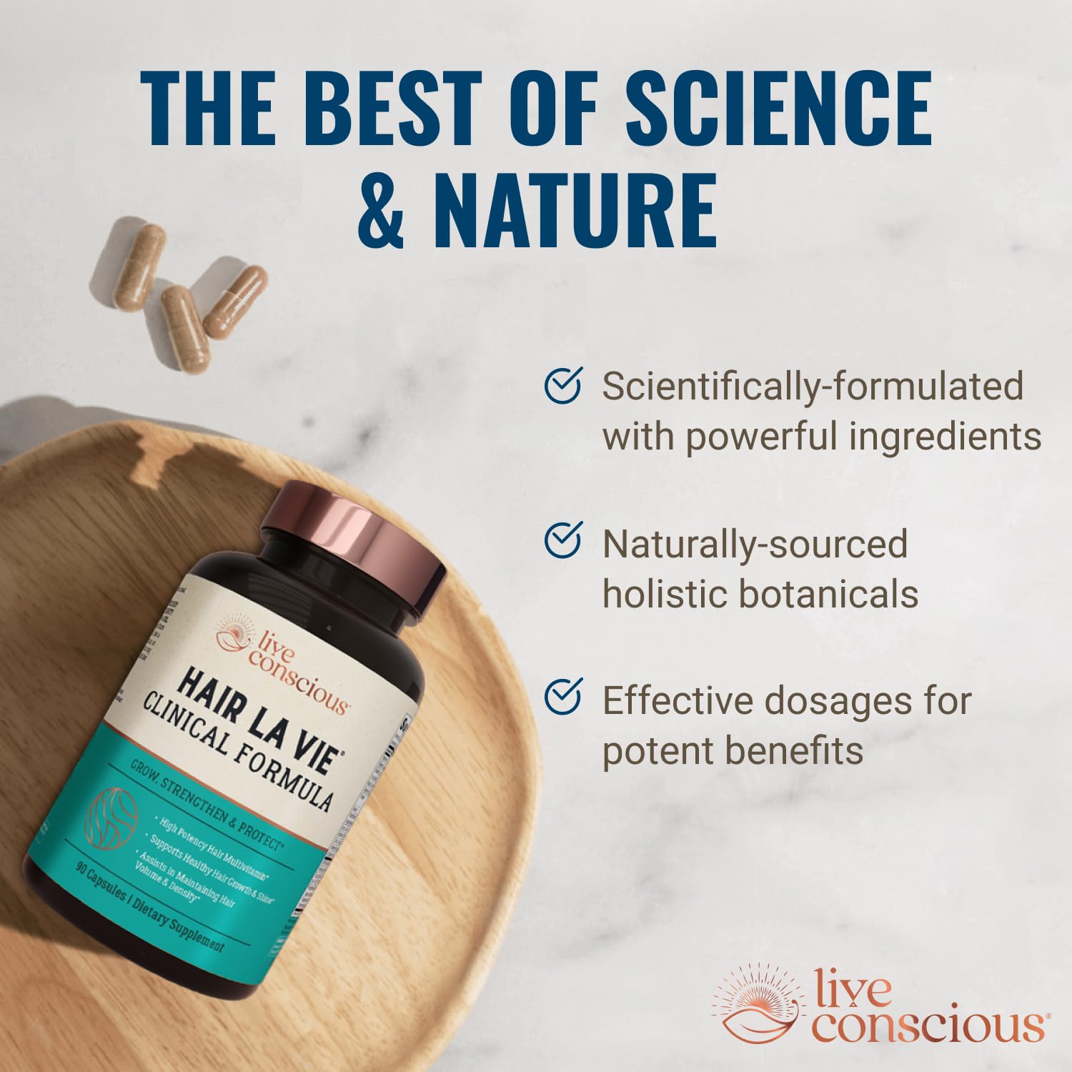 Hair La Vie Live Conscious Clinical Formula capsules arranged for a morning routine