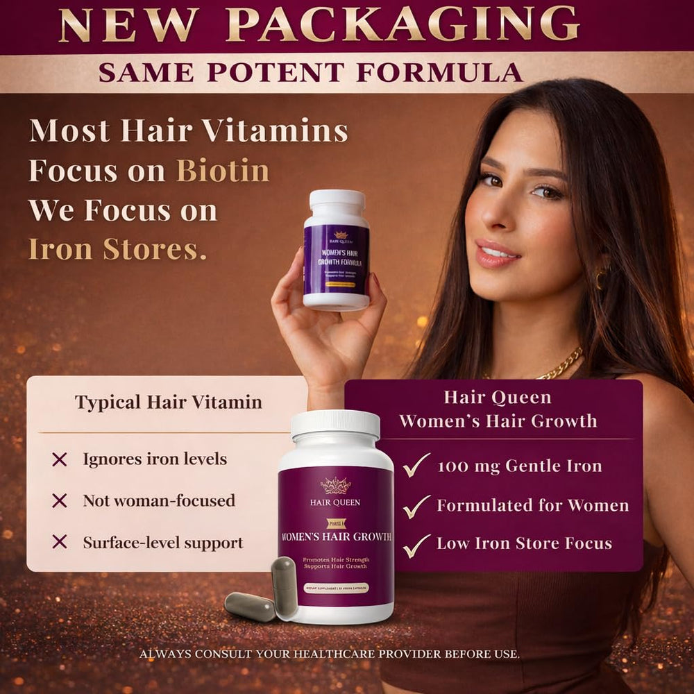 Hair Queen capsule closeup shows a simple, daily pill for growth support.