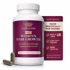 Hair Queen hair-growth supplement bottle front for fuller hair over time.