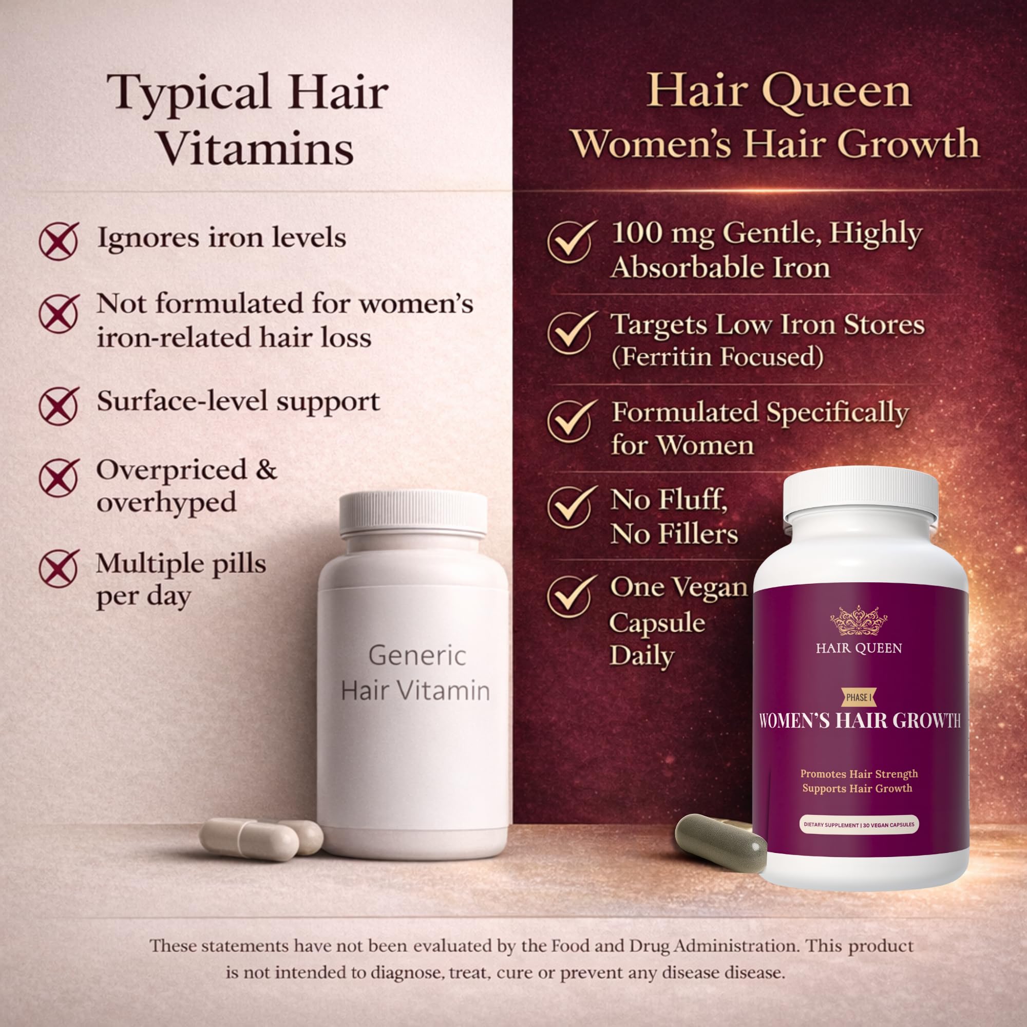 Hair Queen iron bisglycinate formula bottle label highlights gentle nourishment.