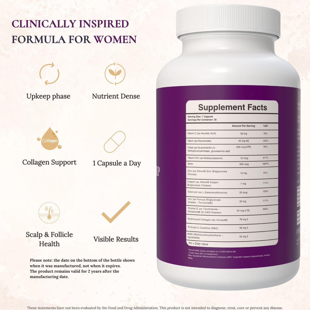 Hair Queen Upkeep dosage schedule, one capsule a day for convenience.