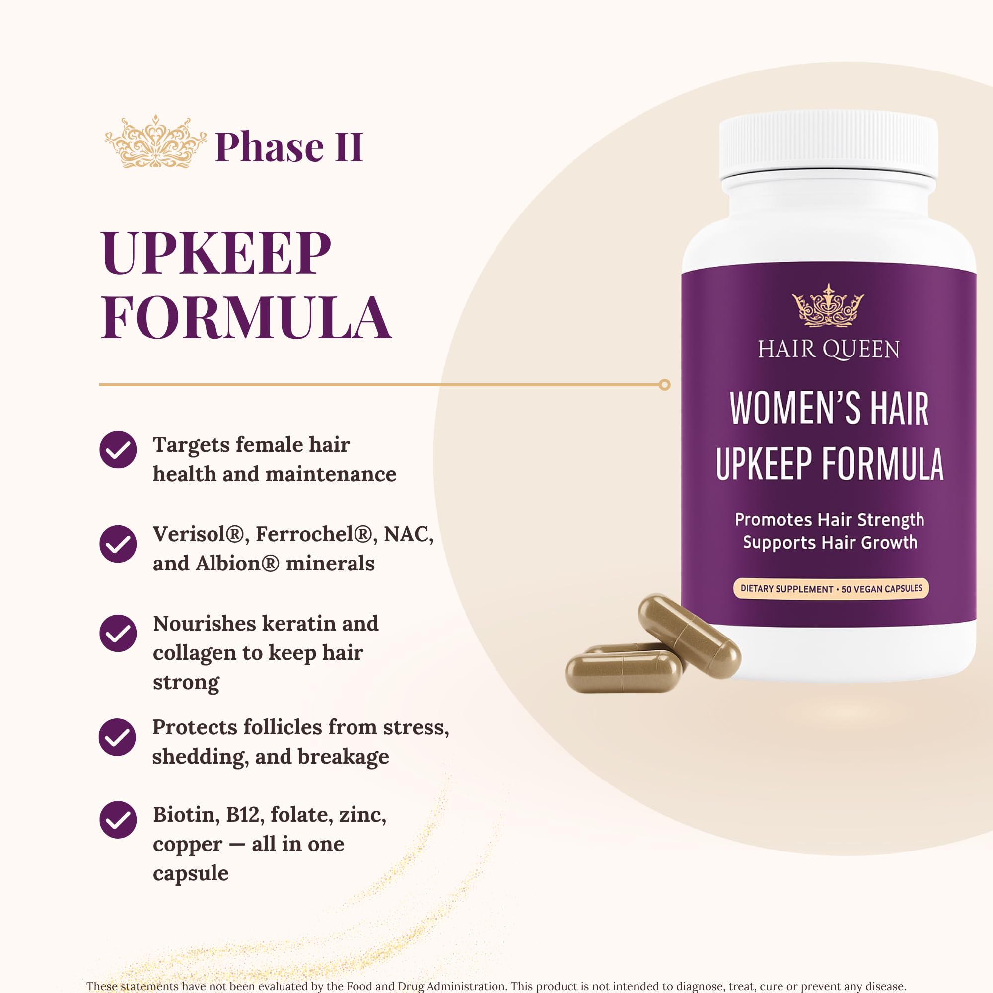 Hair Queen Upkeep packaging box showing phase II formula elegance.