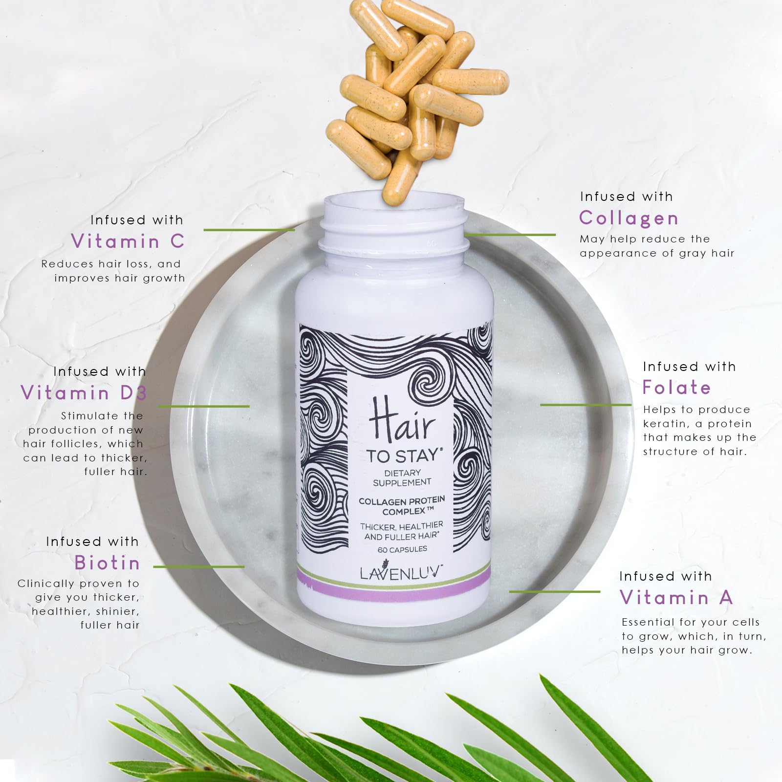 Hair to Stay collagen peptides capsules highlighting protein-rich formula for hair.