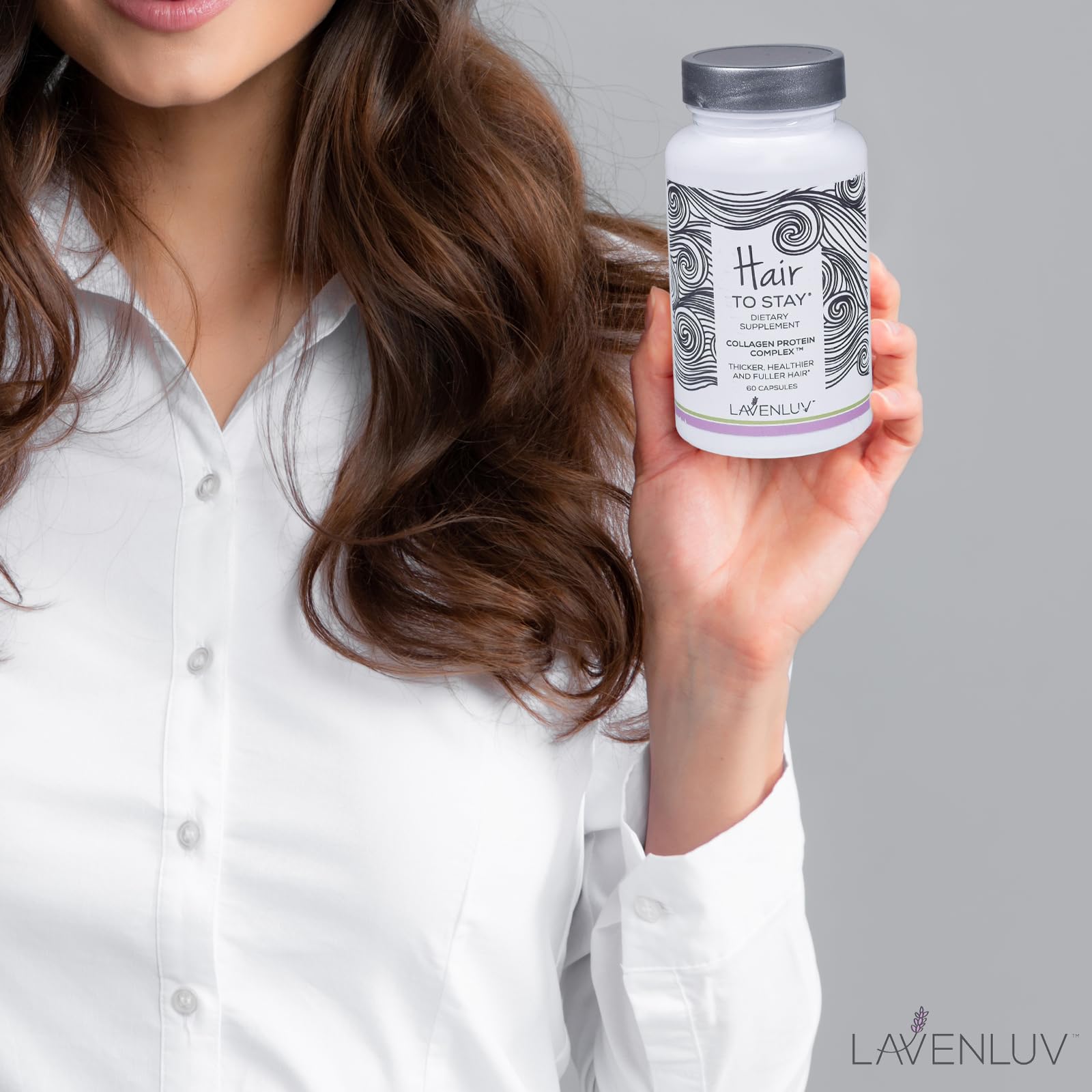 Hair to Stay ingredient blend image illustrating collagen and vitamins for hair health.