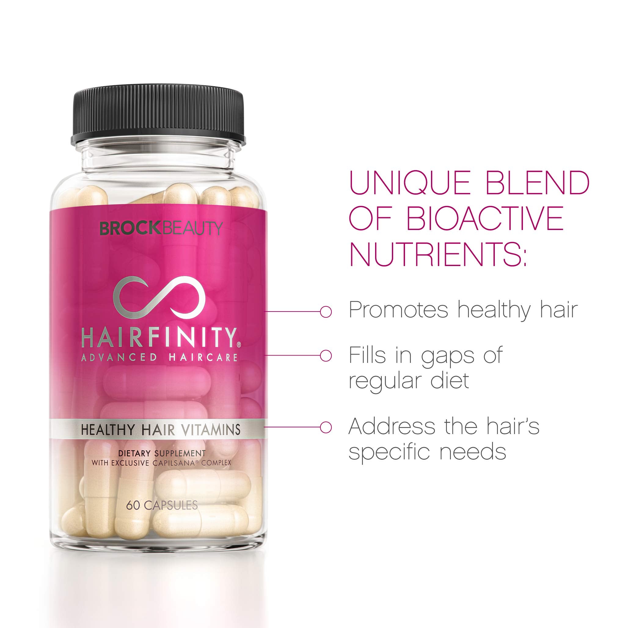 Hairfinity capilsana complex ingredients image showcases amino acids, collagen and horsetail for hair health.