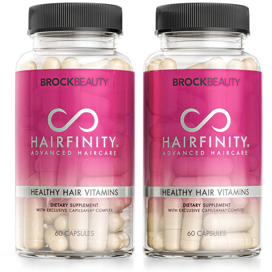 Hairfinity hair vitamins bottle closeup highlights potent biotin-rich formula for hair vitality.