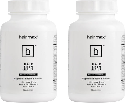 Hairmax bottle front view showcases packaging for hair, skin, and nails support